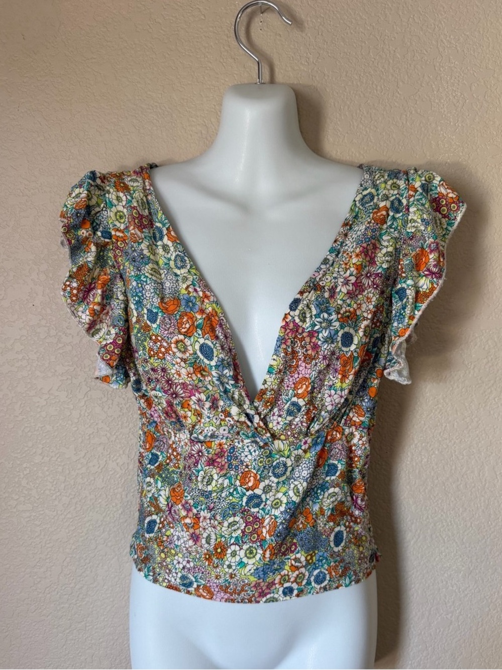 O'Neill Floral V-Neck Ruffle Sleeve Top - Orange, Blue, Green